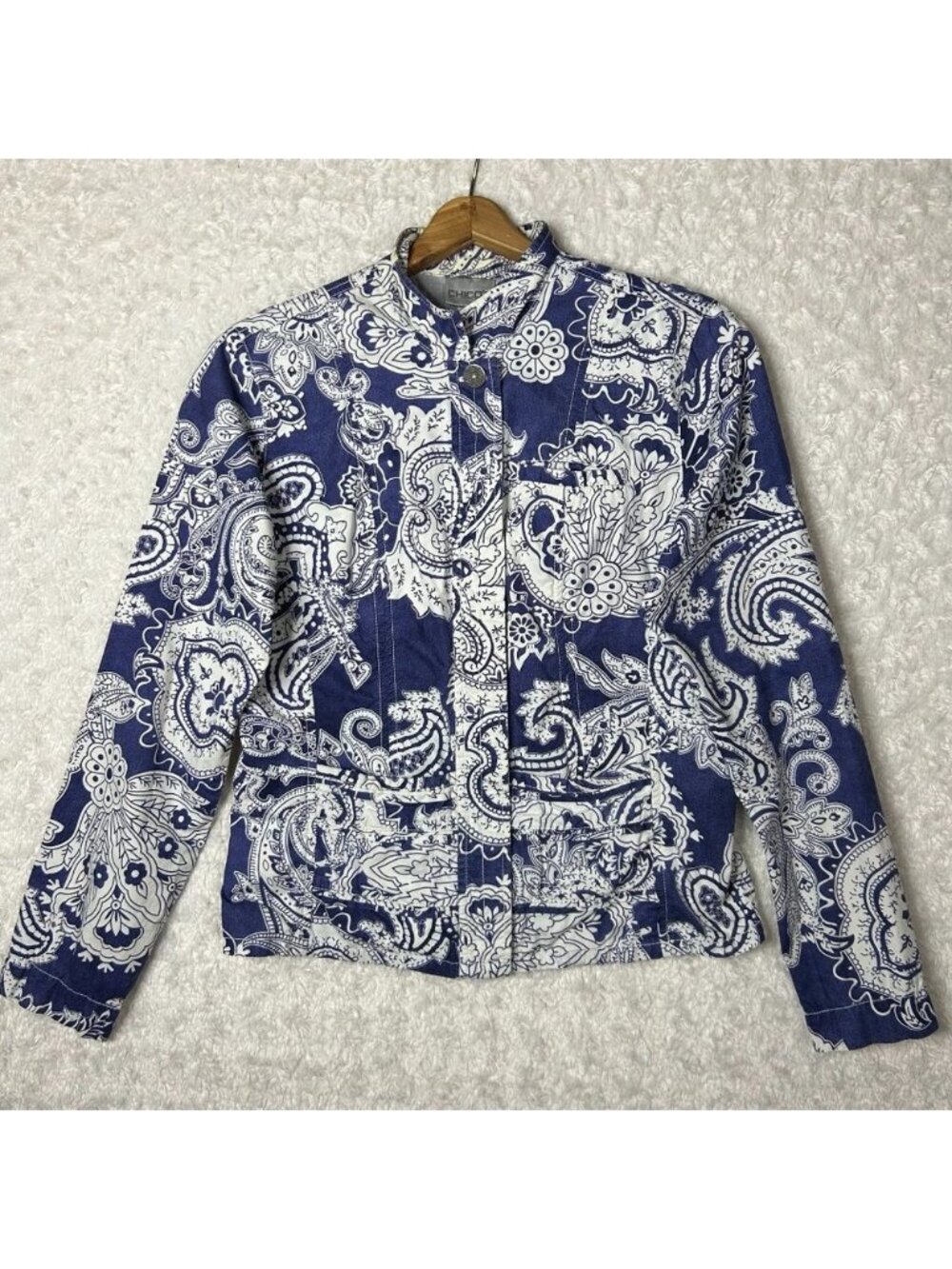Chico's Paisley Print Denim Jacket Button Front Long Sleeve Blue White Size 0